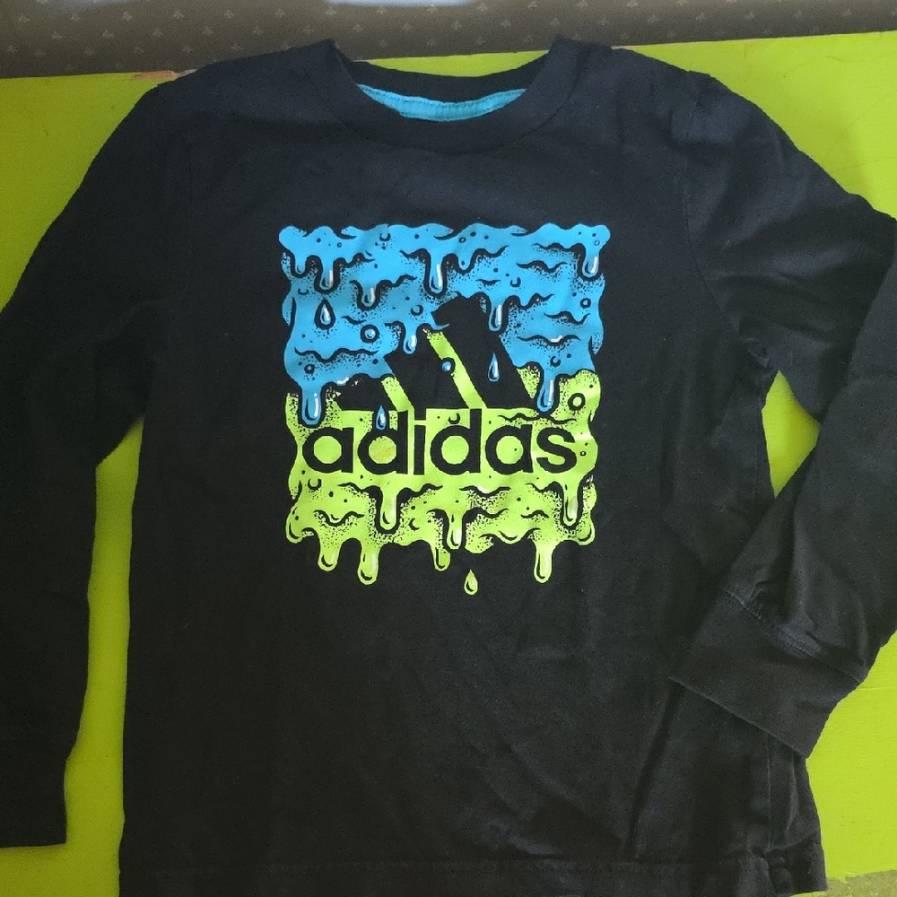 Adidas Kids Black Shirt with Blue and Neon Green Graphic